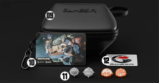Zawartość zestawu GameSir G7 Pro Zenless Zone Zero Edition - etui, brelok, silikonowe nakładki na drążki i naklejka GameSir